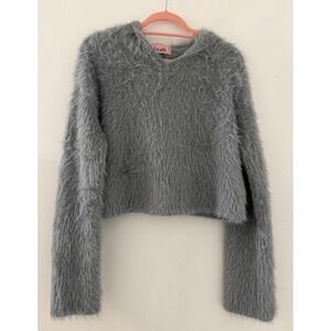 B+ab Fuzzy Eyelash Knit Cropped Hoodie Sweater Dusty Blue Grey Size Medium Cozy